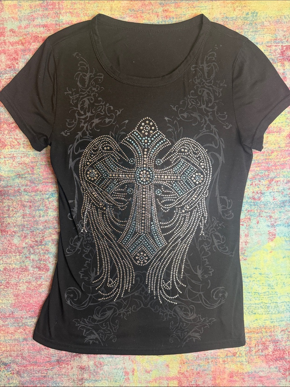 💜ROMWE Black Rhinestone Cross Short Sleeve Tee